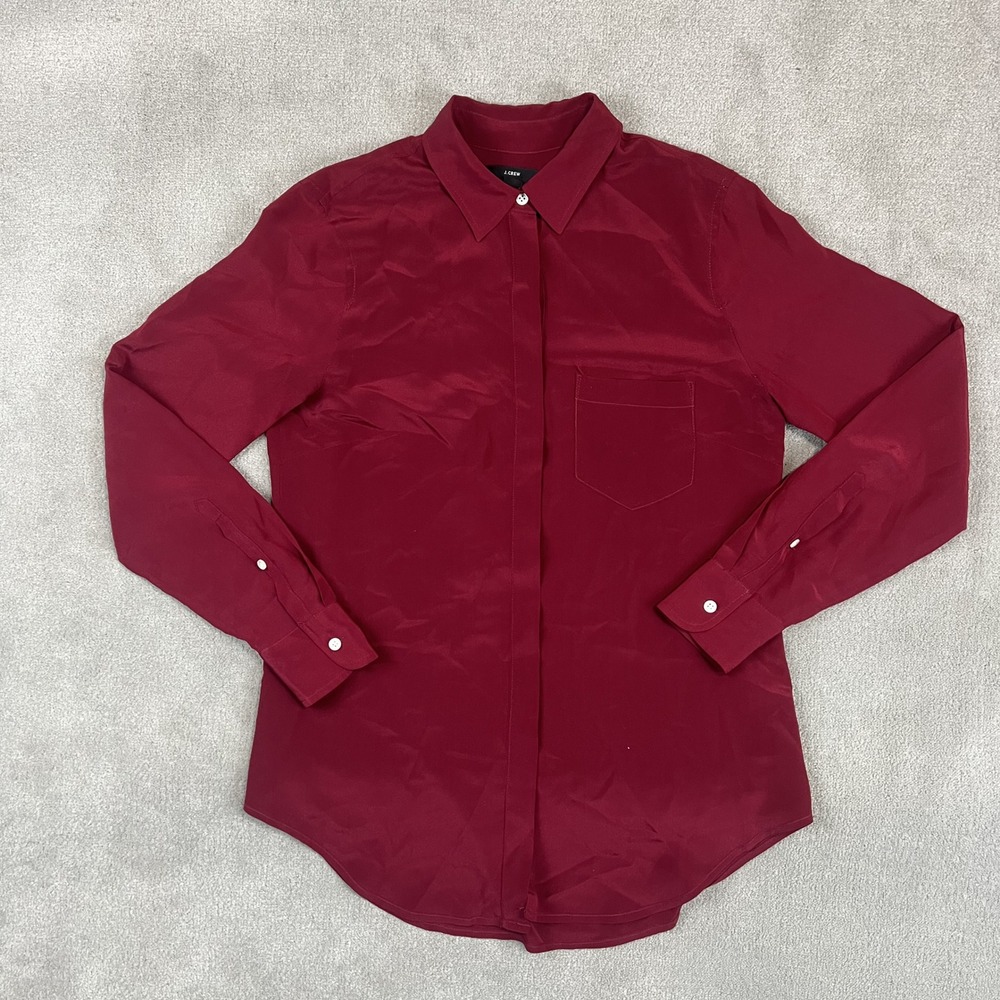 J.Crew Size 00 Burgundy 100% Silk Button Down Blouse Workwear Pocket Top